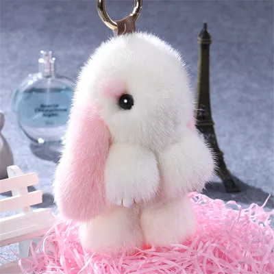14 см милый плюф кролик брелок 15 см настоящие норковые меховые брелоки женские горячие сумки игрушки куклы пушистый помпон прекрасный брелок - Цвет: white and pink