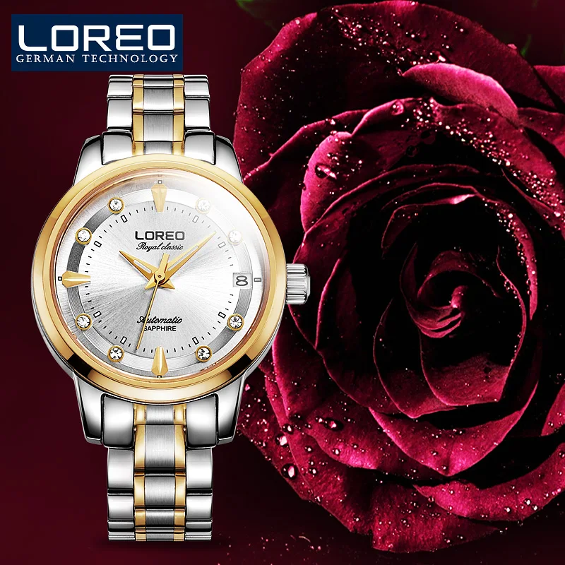 

LOREO Sapphire Automatic Mechanical Watch Women Stainless Steel Waterproof Watch Relogio Masculine Auto Date Wristwatches AB2045