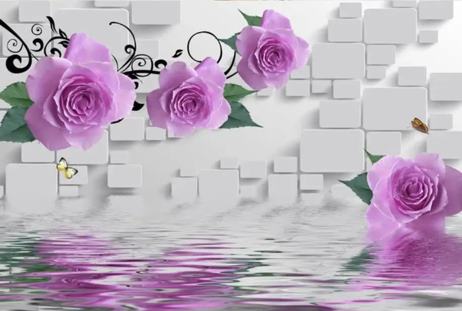 

3D background wall pink rose mural 3d wallpaper 3d wall papers for tv backdrop purple curtains
