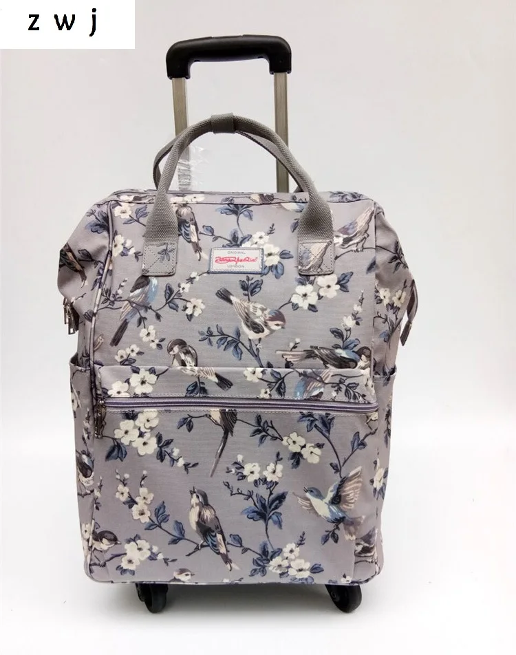 2017 fashion floral print canvas women vintage suitcase wheels hand