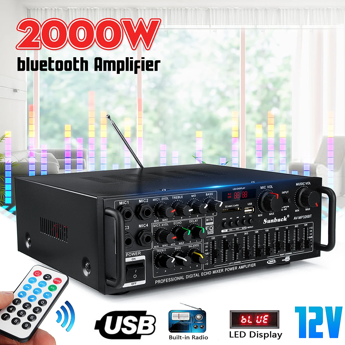 

800W 110V 220V 2 Channel Equalizer bluetooth Home Stereo Power Amplifier USB Car Amplifier Home Theater Amplifiers Audio