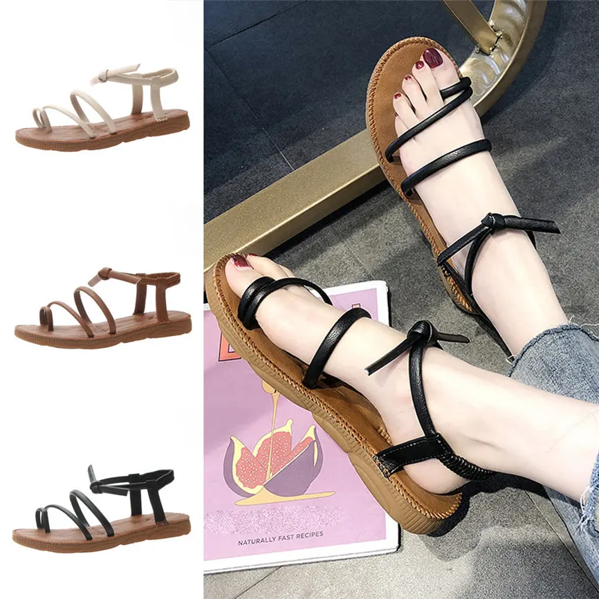 

JAYCOSIN Women's Sandals Fashion Women's Flat Sandals Thick-Bottomed Beach Shoes Summer Lace-Up Clip-Toe Sandals #WQY517