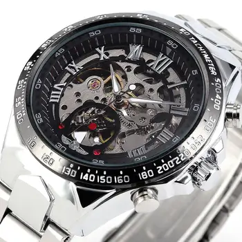 

New WINNER Fashion Men Skeleton Watch Mens Self Wind Automatic Mechanical Watches Male Stainless Steel Strap Relogio Masculino