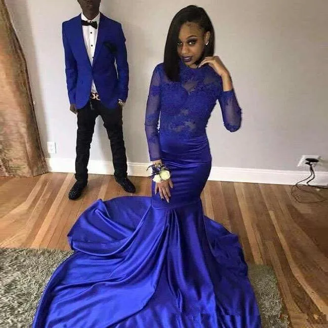 Африканский Черный обувь для девочек с длинным рукавом Королевский синий платье для выпускного с подолом в виде русалочьего хвоста 2019
