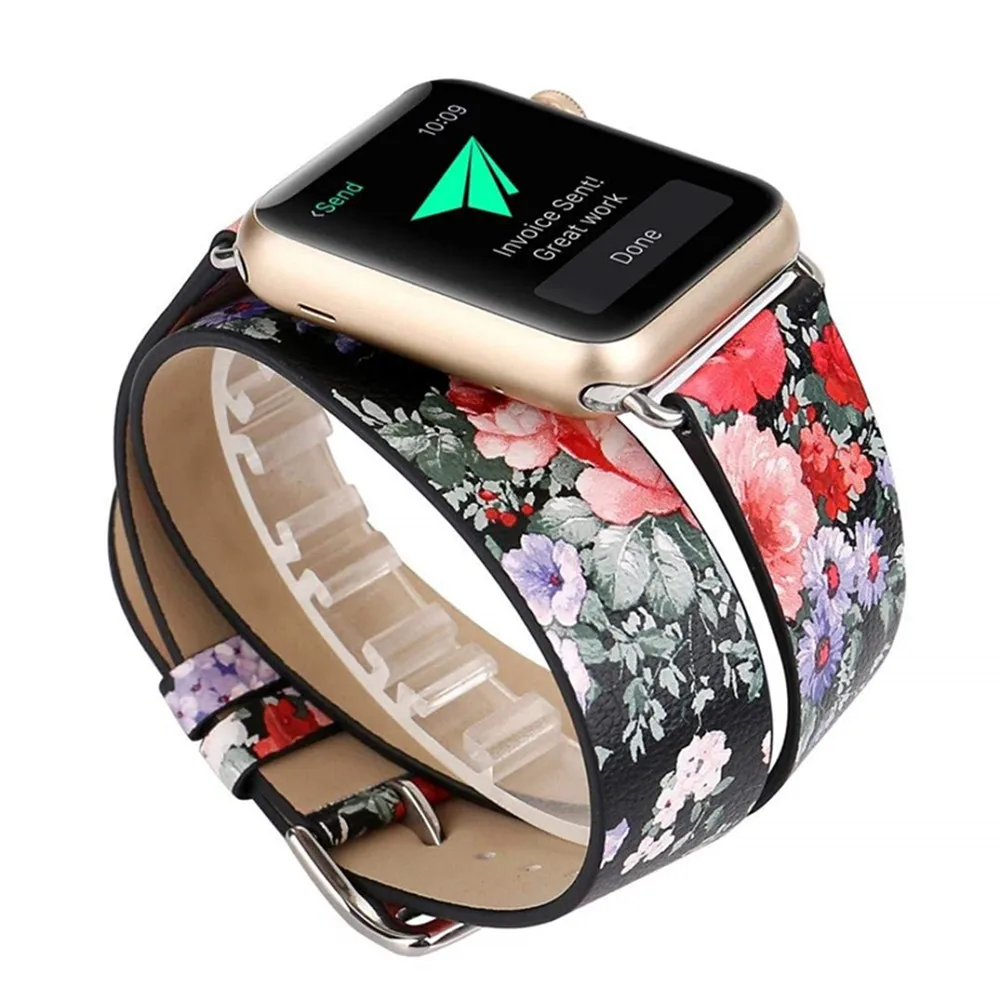 

Printing Leather Double Tour for aplle apple Watch band Strap correa 42/38mm watchbands bracelet wrist belt iwatch series 3 2 1