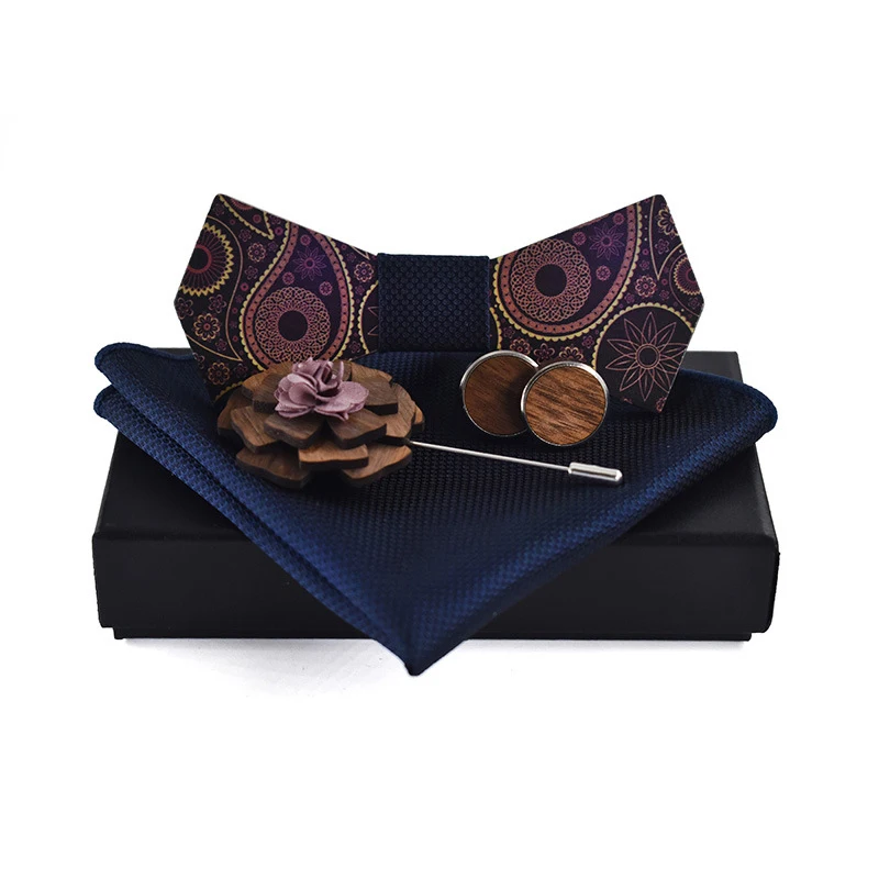 

Fashion Wooden Bowtie Set Handkerchief Cufflinks Tie For Men