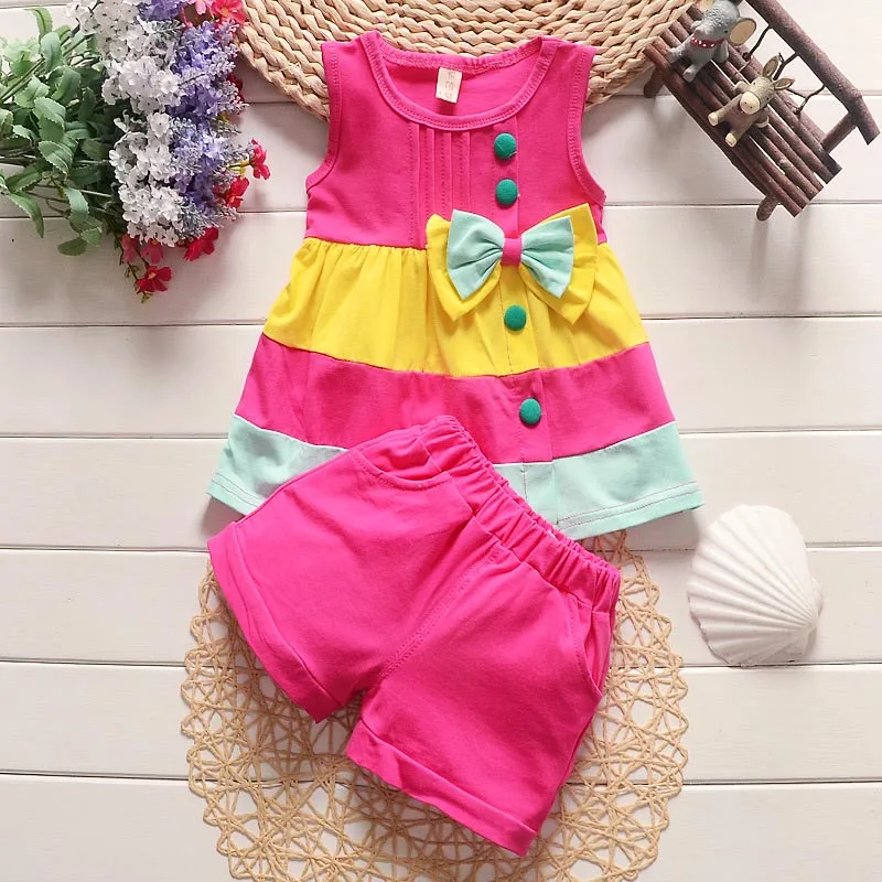 

BibiCola 2018 kids girls clothing sets children summer new clothes cusaul full cotton tracksuit bow tie sleeveless coat+pants