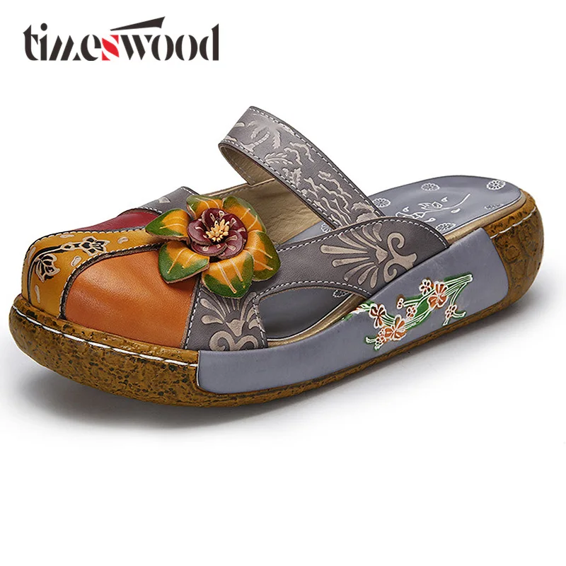 

35-42 Genuine Leather Ethnic Basic Sandals Appliques Women Summer Flat Shoes Beach Heel Floral Pretty Flower Shoe For Lady 2018