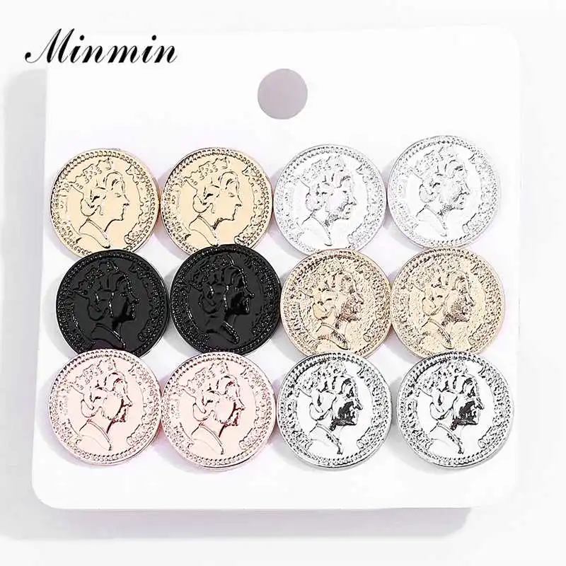 

Minmin 6 Pcs/Set 6 Colors Coin Stud Earrings Set Unique Big Round Metal Earrings for Women Vintage Fashion Korean Jewelry EH1491