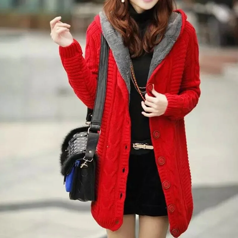 Новинка, OLGITUM, женские длинные кардиганы, Осень-зима, открытая стежка, вязаный свитер, кардиганы, v-образный вырез, большие размеры, кардиган, пальто, SW707 - Цвет: red
