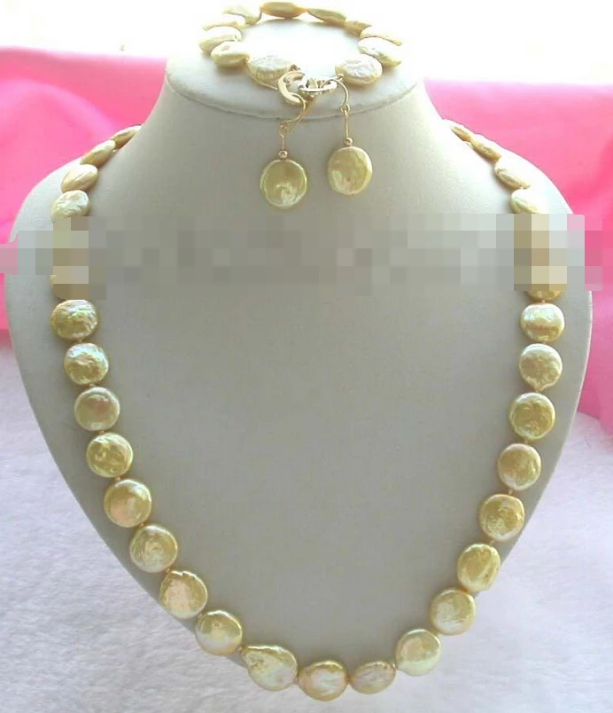 

charm Jew.656 24" Golden Coin Pearl Necklace Bracelet Earrings set (A0516)