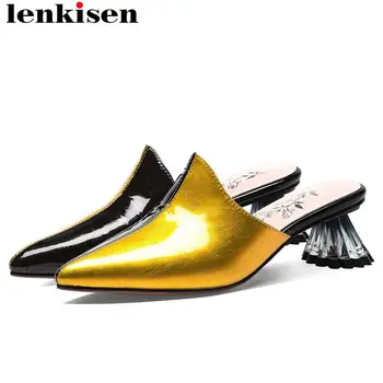 

Lenkisen plus size special sheep leather European strange style med heels slip on mules pointed toe dress oxford women pumps L20