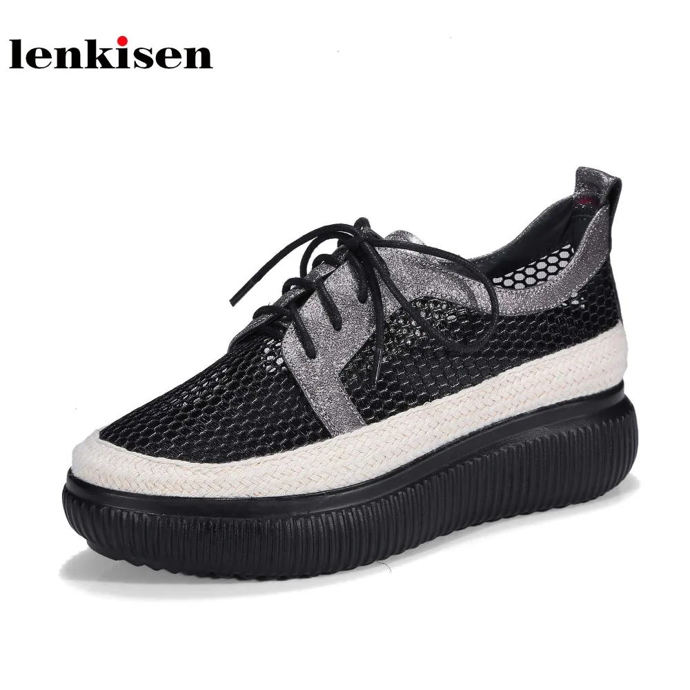

Lenkisen 2018 kid leather patchwork round toe lace up platform causal women shoes wedges solid breathable vulcanized shoes L6f9