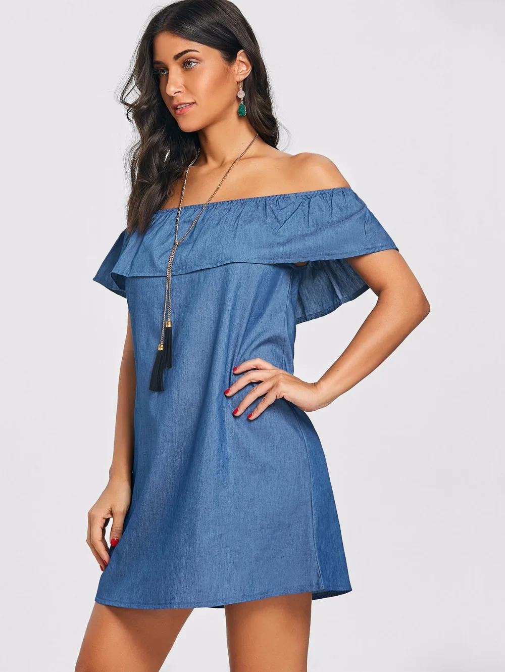 VESTLINDA Off The Shoulder Flounce Denim Dress Mini Short Casual Women Dress Summer 2018 Vestidos De Festa Female Shift Dress 2