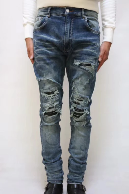 Men Lt blue Leather ribbed patch skinny jeans-in Jeans from Men's ...