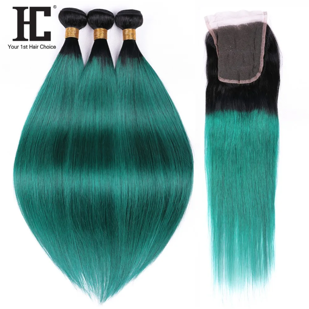 

HC Ombre Bundles With Closure 1B/Green Two Tone Ombre Human Hair Weave Brazilian Straight Hair 3 Bundles With Lace Closure