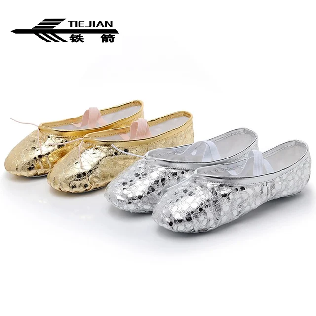 Bursting National Girl Dance Shoes Breathable Sequins PU Performance Shoes Silver Gold Soft-soled Female Ballet Shoes