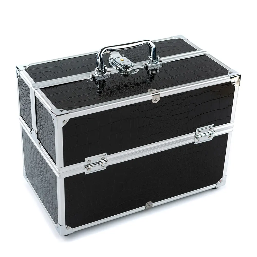 Black 3 Layer Lockable Cosmetic Organizer Box Professional Makeup