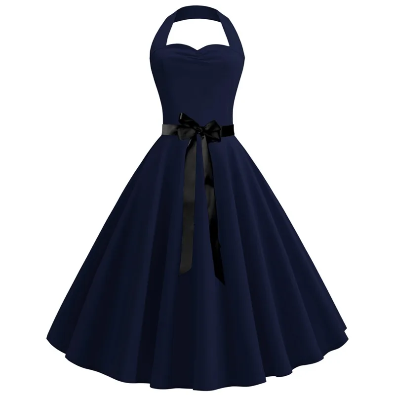 

Elegant Navy Blue Women Dress Summer High Waist Halter Sexy Party Dress 2019 Robe Femme Vestido Vintage Swing Midi Dress