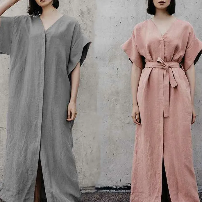 

Women Vintage Maxi Long Dress Summer Sexy V Neck Long Sleeve Casual Loose Linen Vestidos Kaftan Plus Size 5XL Dress