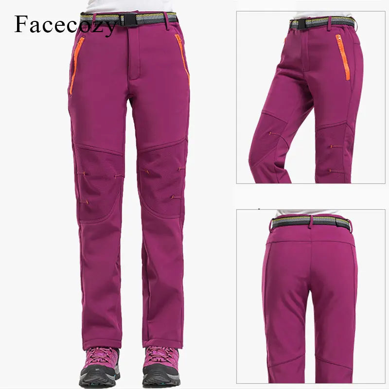 Facecozy النساء الشتاء سوفتشيل سراويل للتسلق في الهواء الطلق الرياضية يندبروف ماء الصوف بناطيل تدفئة الإناث التزلج السراويل
