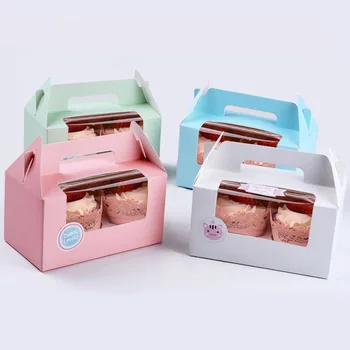 

50 pcs of 4 colors Muffin Cake Box With Handle&Clear Window Contain 2 Cupcakes Cup Cake Packing