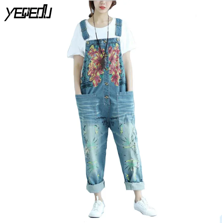 1720 2017 Denim overalls women Big size Loose Vintage Printed Cross jeans Wide leg Ladies