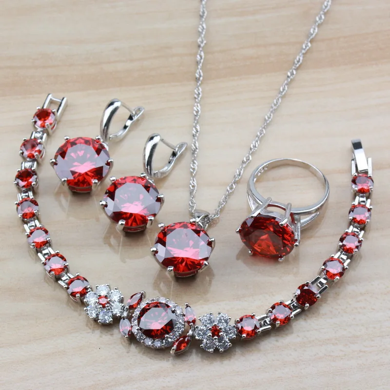 

Dubai Bridal Costume 925 Sterling Silver Round Natural Red Garnet CZ New Fashion Women Jewelry Sets With Independent Jewelry Box