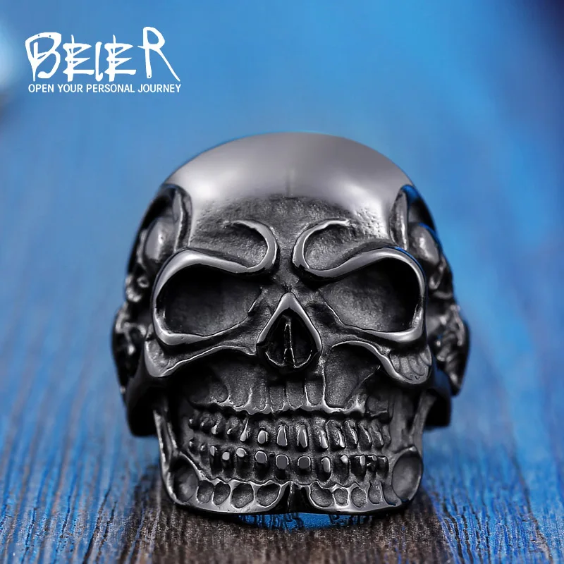 BEIER Dropshipping Fashion Stainless Steel Rings For Man Big Tripple Skull Ring Punk Biker Jewelry BR8-068 - Цвет основного камня: black olour