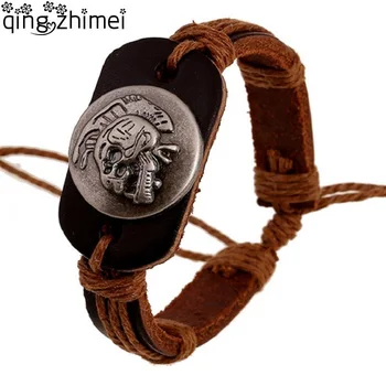 

New Brand Original Design Mens Bracelet Wristband Handmade Hemp Rope Wrap Leather Bracelet Bangles For Men Skull Head Jewelry