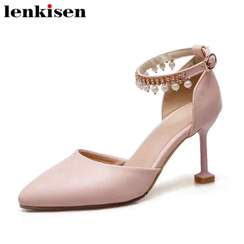 

Lenkisen queen style plus size PU pointed toe metal buckle strap solid high heels chain pearls sweet dancing women sandals L0f1