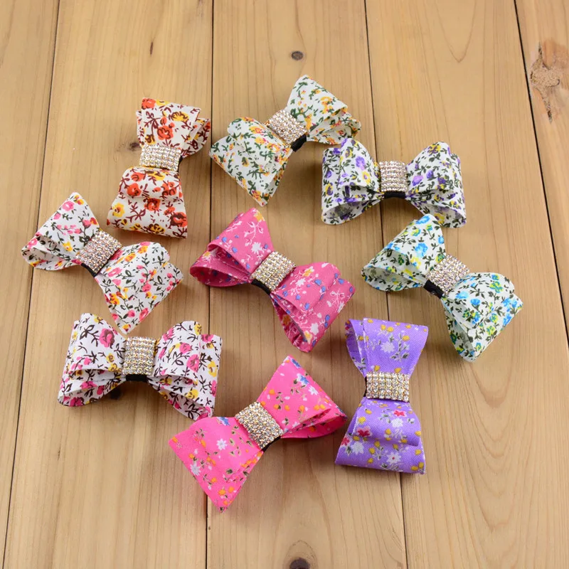 

200pcs/lot Solid 3D floral bowknot headwear Hard PVC Satin Bows with rhinestone button 2.5inch girls Hair Accessories HDJ32