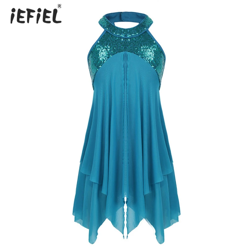 

Kids Girls Latin Dance Dress Halter Sequins Flower Girls Dress Gymnastics Leotard Modern Ballroom Dance Dress Kids Girls Clothes