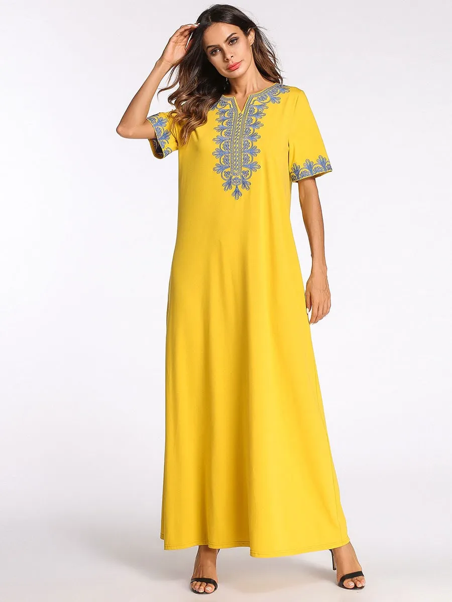 

Fashion Women Swing Maxi Long Dress Casual Slim A-Line Muslim Dress V-Neck Vintage Ethnic Embroidered Plus Size Dresses
