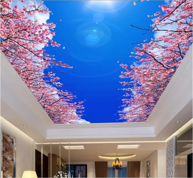 3d room wallpaper custom mural non woven blue sky white clouds cherry blossom ceiling