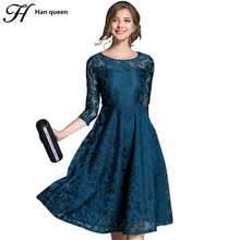 Lace Dress Work Casual Fashion O-neck Sexy Hollow Out Blue Red Dress Elegant