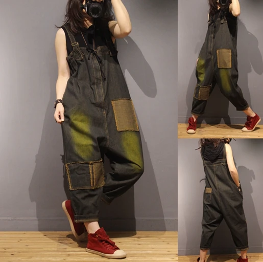 

Spring Summer Women Casual Loose Plus Size Vintage Patchwork Suspender Strap All-match Cross-Pants Denim Playsuits