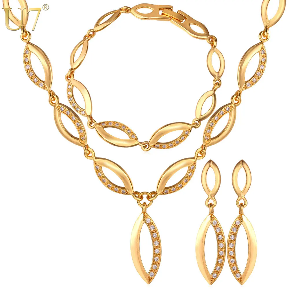 

U7 Wedding Jewelry Set For Women Gift Rhinestone Gold Color Willow-Shape Choker Necklace Earrings And Bracelet Set Trendy S494
