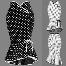 Verão moda feminina de cintura alta saia do escritório da senhora sexy fino ajuste polka dot sereia saia trompete plissado mulheres trabalho escritório saia