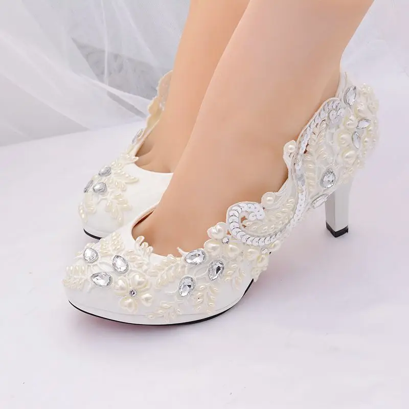 8cm 3 Inch Heel Lace Bridal Wedding Shoes Ivory Plus Size 41 42