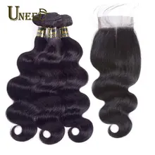 Uneed Hair Peruvian Body Wave 3 Bundles With Closure 100% Human Hair Bundles Lace Closure With Baby Hair Remy Hair Weave 10-28