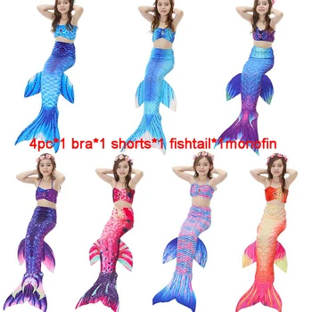 

4piece children's mermaid tail swimwear children's girls swimwear swimsuit Cosplay costume new bikini suit swimwear Have monofin