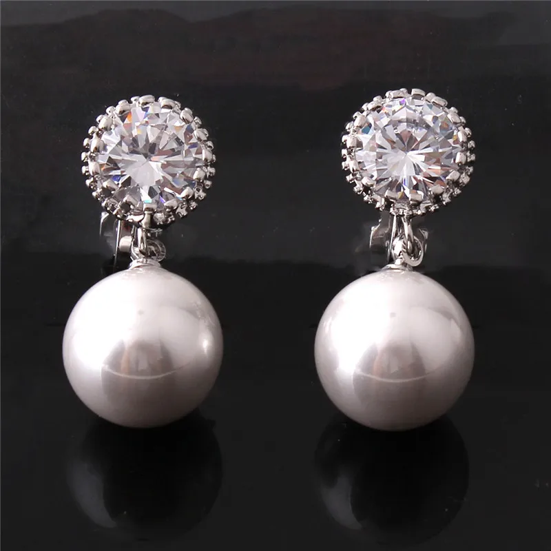 Round Shape AAA Cubic Zircon Simulated Pearl Clip on Earrings Non Piercing for Women ear clip earrings clip earrings ear clip