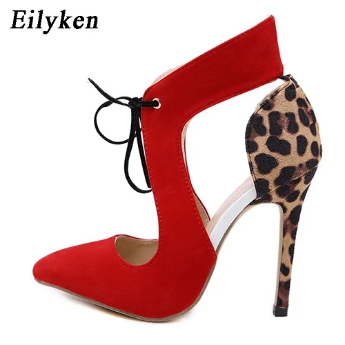 Eilyken/красные леопардовые туфли на высоком каблуке женские туфли-лодочки пикантные свадебные женские туфли из флока с острым носком и перекрестной шнуровкой 11 см; sapato feminino - Цвет: Red