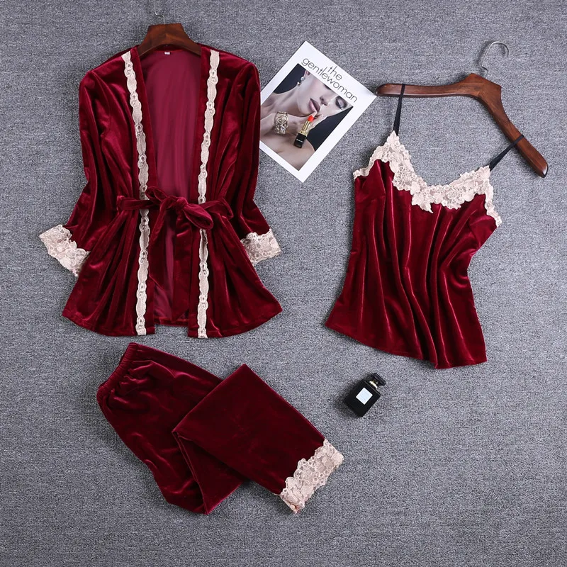 

Gold Velvet 3 Pieces Suit Women Pajamas Set Sexy Lace Patchwork Sashes Lace Up Soft Nightie 2019 Spring Woman Pants Home Clothes