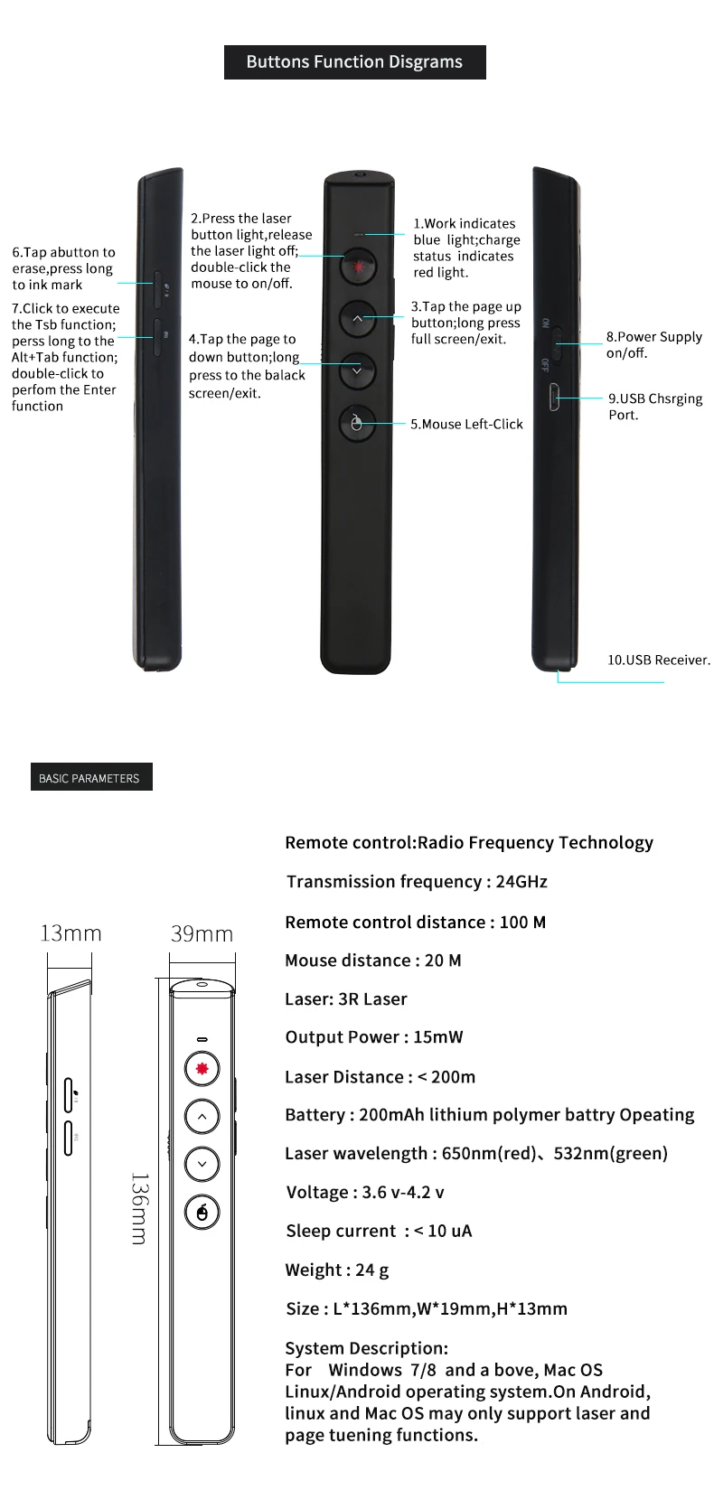 AVATTO RF 2,4G Беспроводная воздушная мышь ведущий с перезаряжаемой PowerPoint Clicker Презентация лазерная ручка для мультимедийного устройства