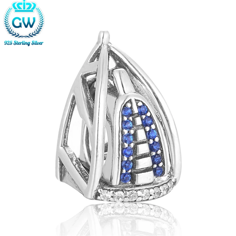 Najtaniej 925 srebro biżuteria dubaj Burj Al Arab 3D urok z niebieskim kamieniem europejskie bransoletki dla kobiet GW marka biżuteria X386