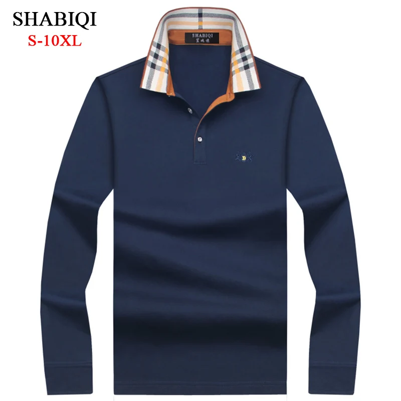 SHABIQI Классическая брендовая мужская рубашка, Мужская рубашка поло, Мужская рубашка поло с длинным рукавом, дизайнерская рубашка поло размера плюс 6XL 7XL 8XL 9XL 10XL - Цвет: Тёмно-синий