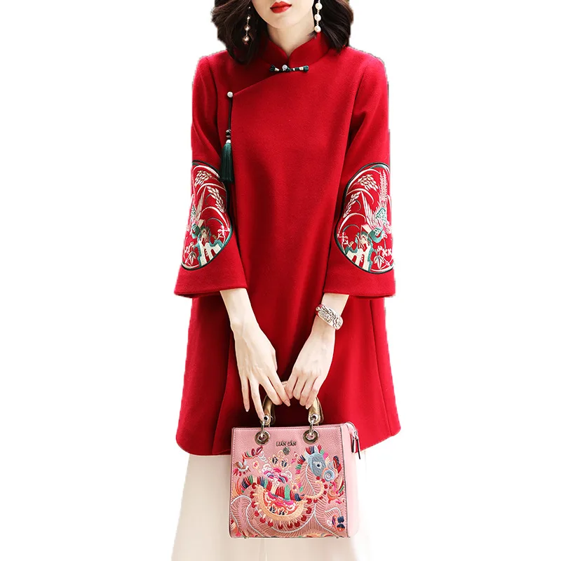 Pour Broderie B D'hiver Chinois Laine a Floral De Les Vintage Femmes Manteau N80Ovmwyn
