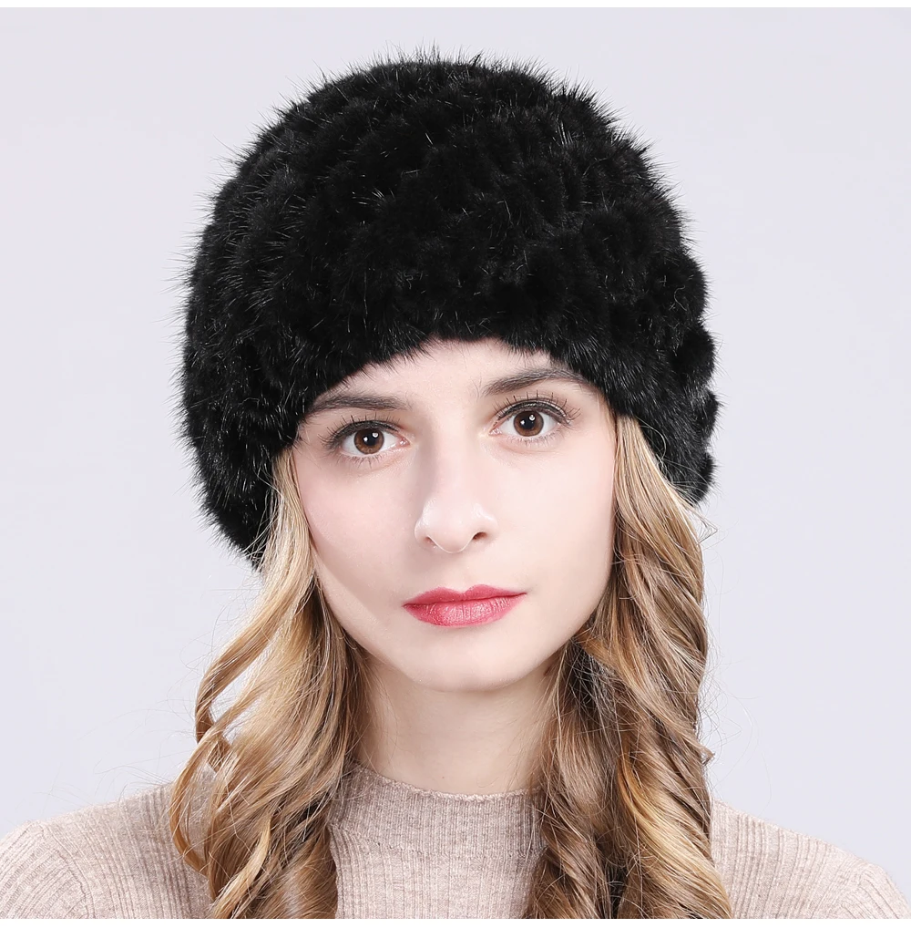 Hot Sale Winter Real Mink Fur Hat Women Good Elastic Knit Real Natural Mink Fur Beanies Hats Lady Real Mink Fur Thick Warm Cap